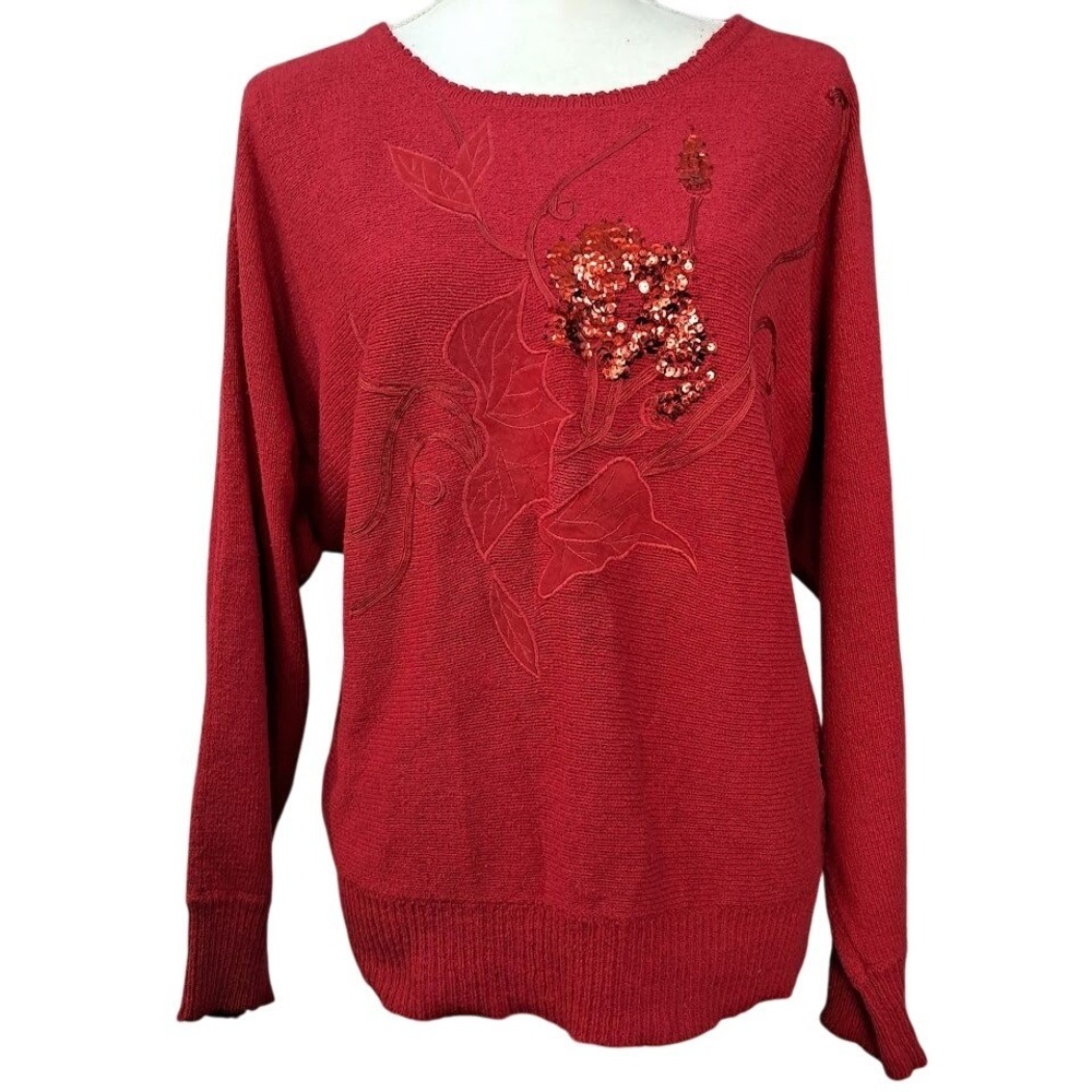Vintage 80s DAVID BENJAMIN L Red Silk‎ Blend Sweater Floral Sequin Embellished
